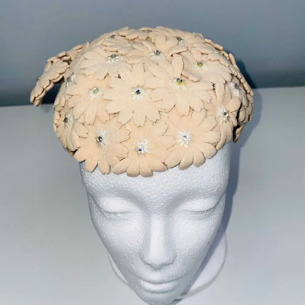 Vintage 50s Crown Beige Hat Floral Pearls Wedding Dance Costume Theatre